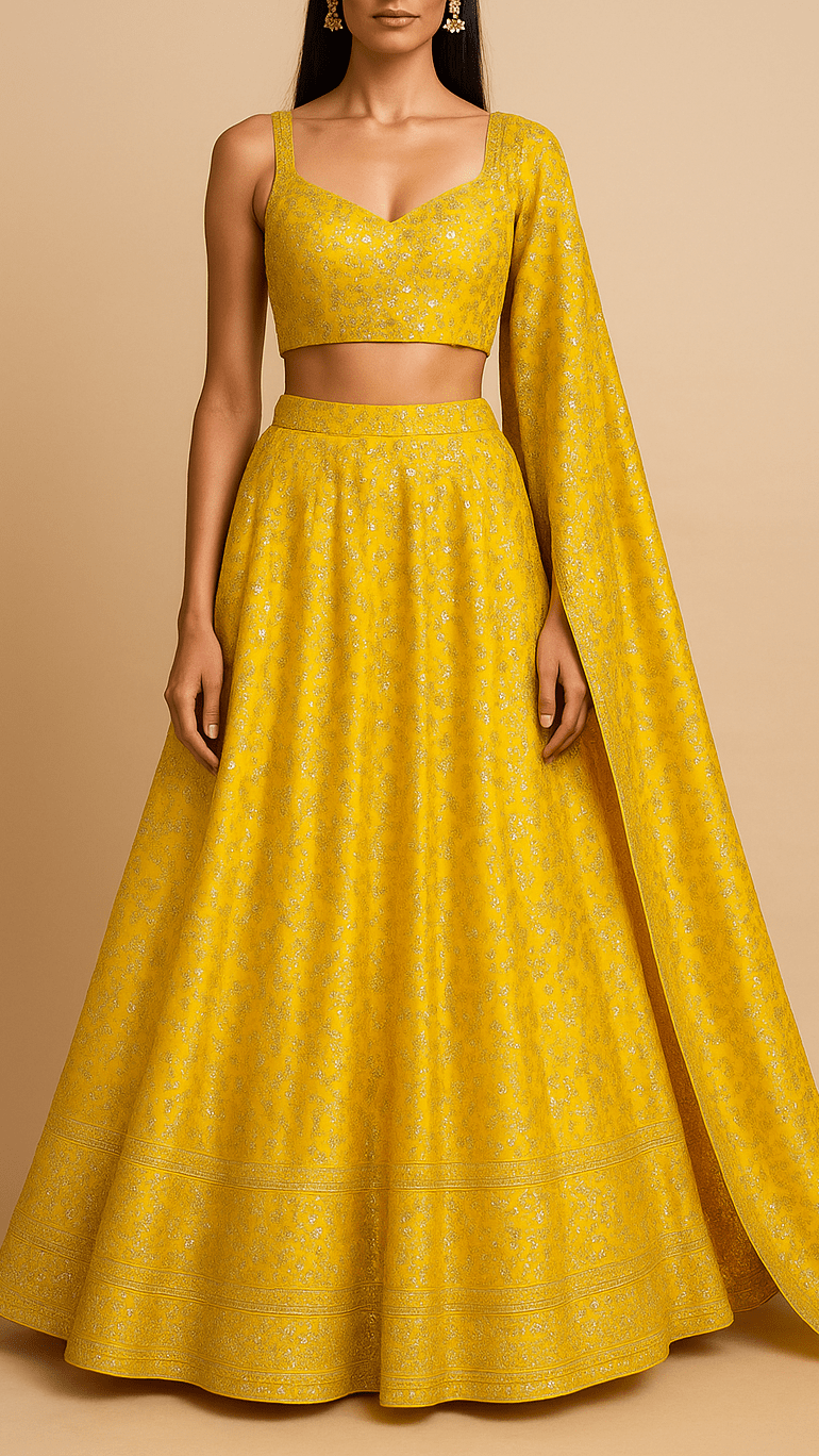 Yellow Silk Fabric with All Over Sequins and Mirror Work and One Side Heavy Border PG 16048 - Design For Destiny