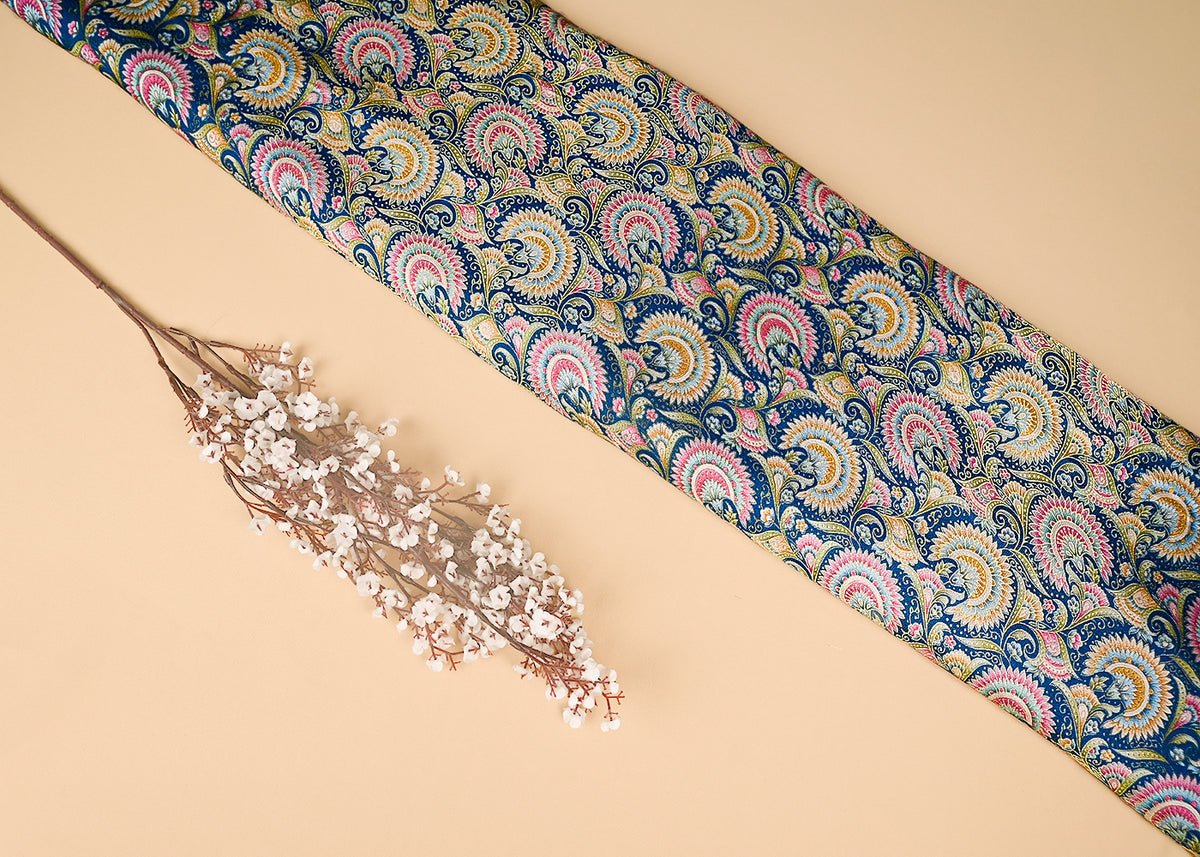 Teal Blue Silk Fabric With Traditional Print With Golden Zari Work PG 20313 - Design For Destiny