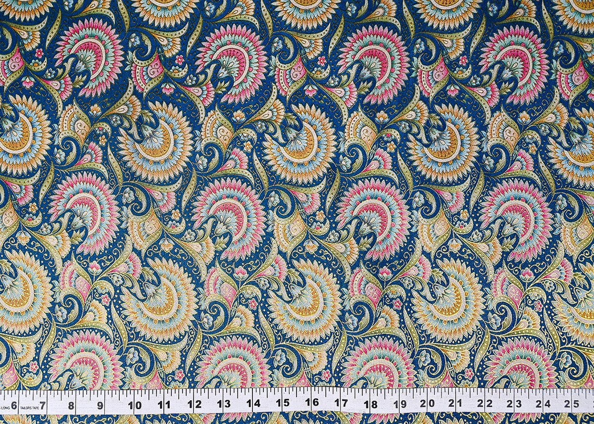 Teal Blue Silk Fabric With Traditional Print With Golden Zari Work PG 20313 - Design For Destiny
