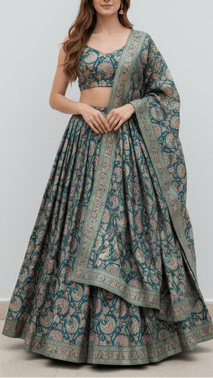 Teal Blue Silk Fabric With Traditional Print With Golden Zari Work PG 20313 - Design For Destiny
