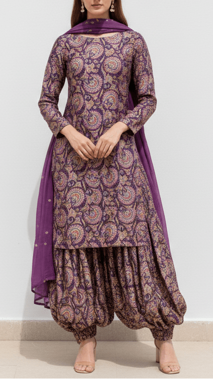 Purple Silk Fabric With Traditional Print With Golden Zari Work PG 20310 - Design For Destiny