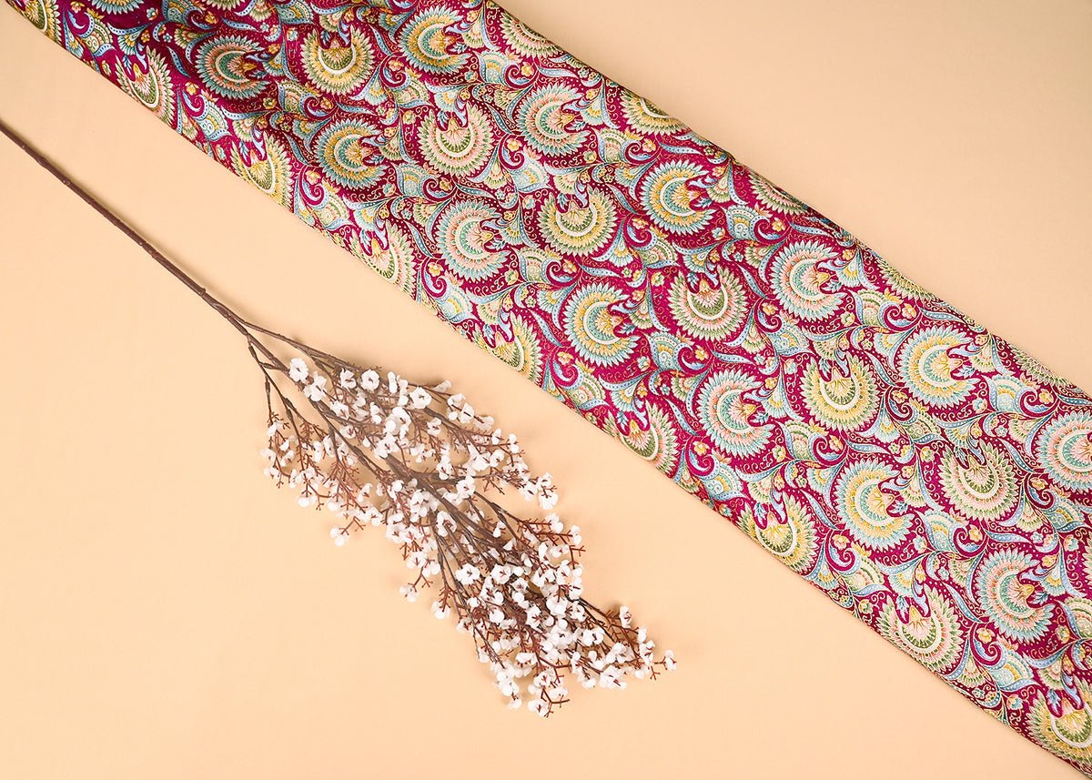 Rani Pink Silk Fabric With Traditional Print With Golden Zari Work PG 20312 - Design For Destiny