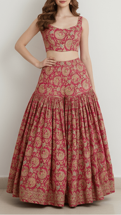 Rani Pink Silk Fabric With Traditional Print With Golden Zari Work PG 20312 - Design For Destiny