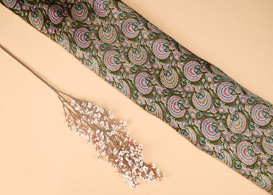Mehendi Green Silk Fabric With Traditional Print With Golden Zari Work PG 20311 - Design For Destiny