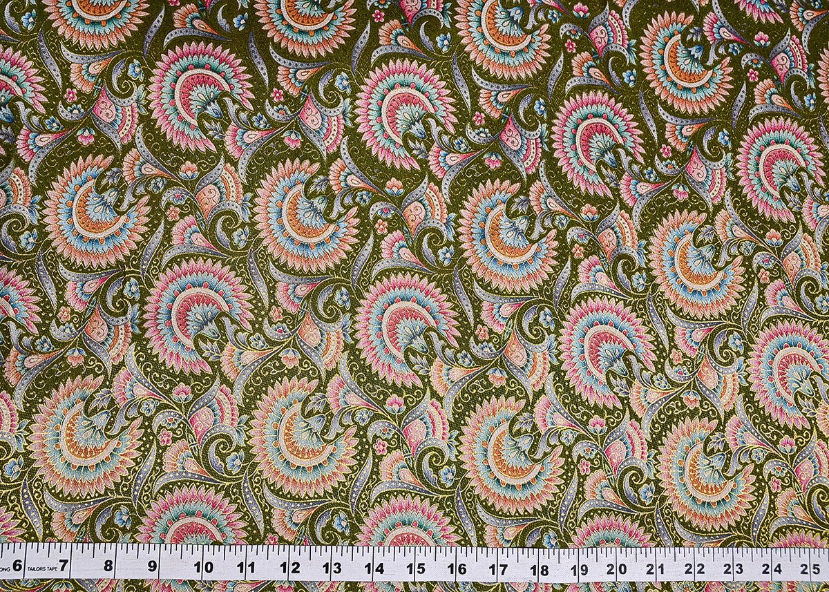 Mehendi Green Silk Fabric With Traditional Print With Golden Zari Work PG 20311 - Design For Destiny