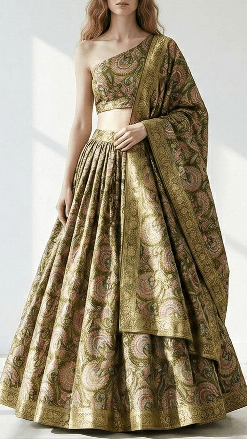 Mehendi Green Silk Fabric With Traditional Print With Golden Zari Work PG 20311 - Design For Destiny