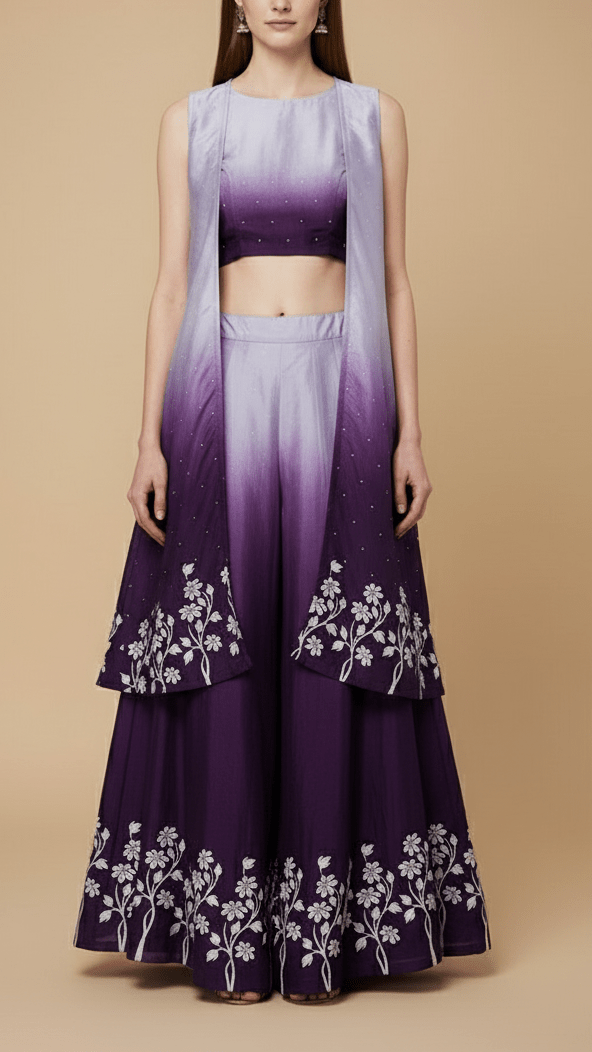 Dark Purple Silk Fabric With All Over Ombre Shade And Floral Print With Bead And Sequins Work PG 19965 - Design For Destiny