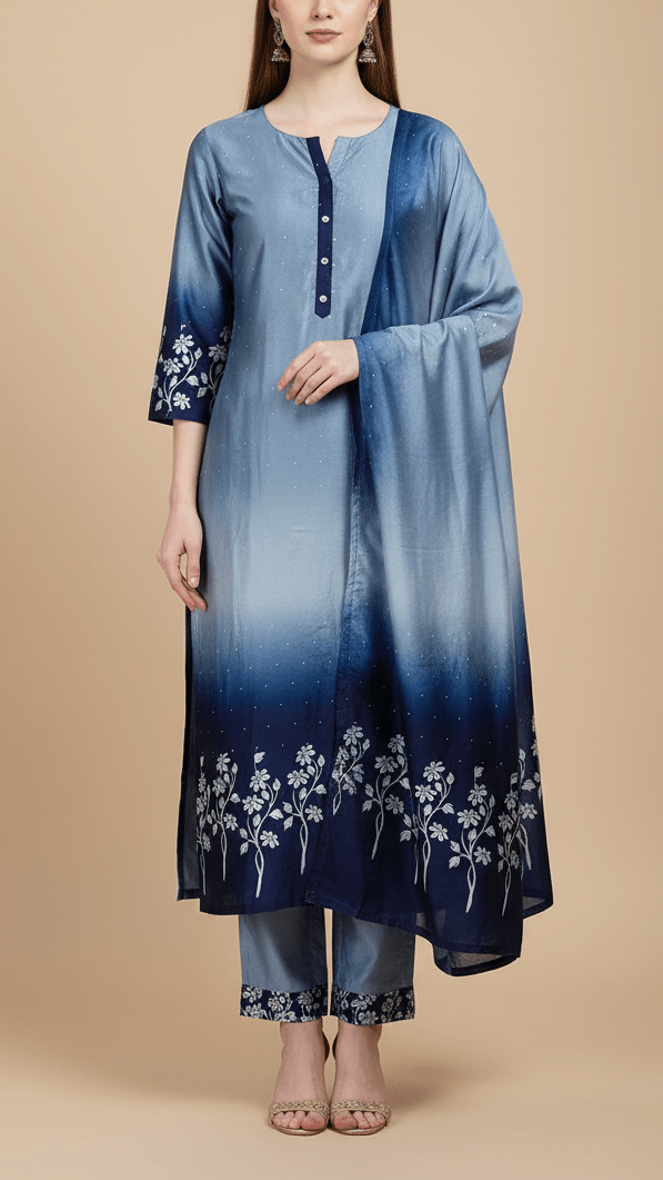 Navy Blue Silk Fabric With All Over Ombre Shade And Floral Print With Bead And Sequins Work PG 19964 - Design For Destiny