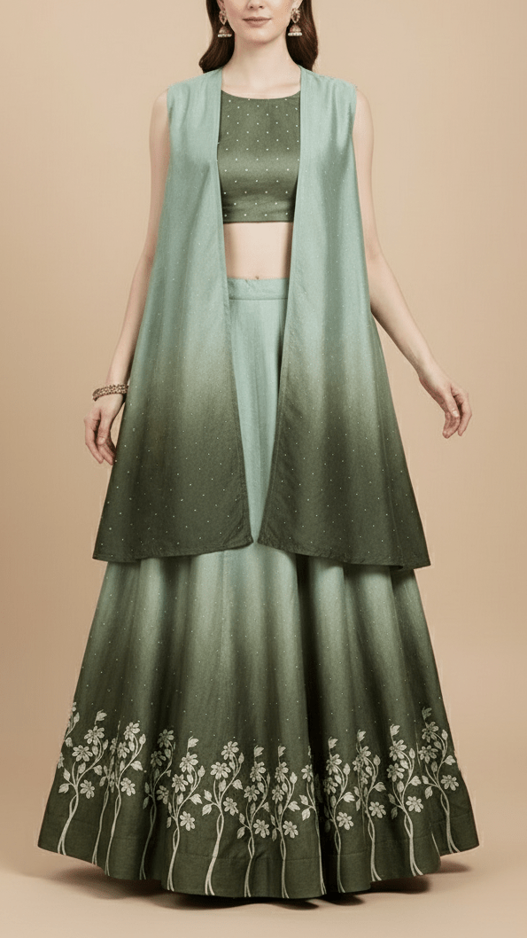 Olive Green Silk Fabric With All Over Ombre Shade And Floral Print With Bead And Sequins Work PG 19967 - Design For Destiny