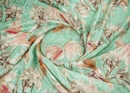 Mint Green Organza Fabric With All Over Floral Print, Bead And cutdana Work PG 22610 - Design For Destiny