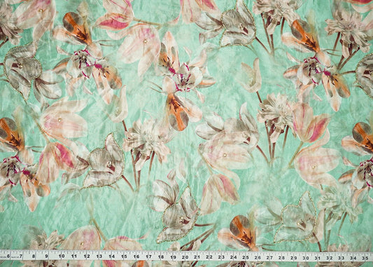 Mint Green Organza Fabric With All Over Floral Print, Bead And cutdana Work PG 22610 - Design For Destiny