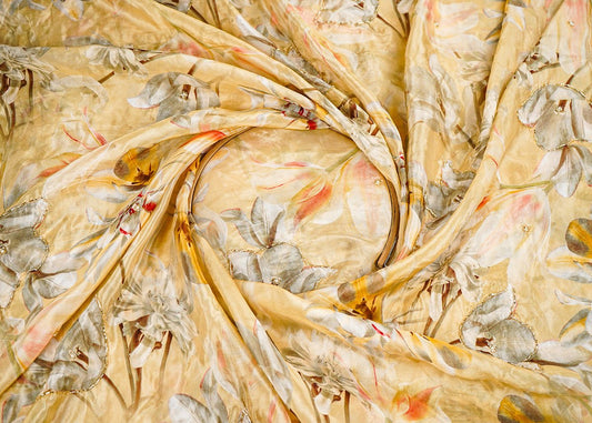 Lemon Yellow Organza Fabric With All Over Floral Print, Bead And Cutdana Work PG 22612 - Design For Destiny