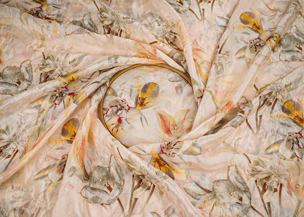 Cream Organza Fabric With All Over Floral Print, Bead And Katdana Work PG 22613 - Design For Destiny