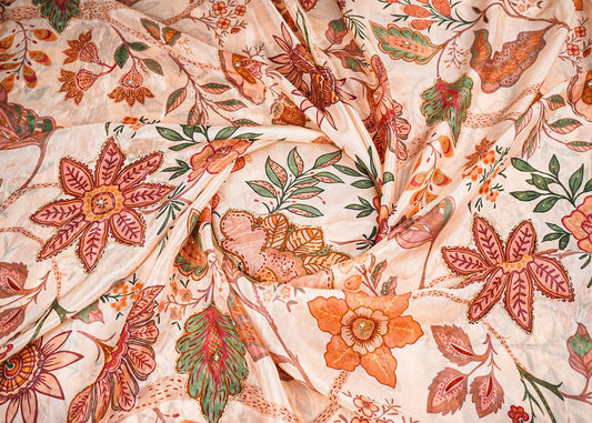 Peach Organza Fabric With All Over Floral Print, Bead And Cutdana Work PG 22608 - Design For Destiny