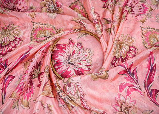 Light Pink Organza Fabric With All Over Floral Print, Bead And Cutdana Work 22609 - Design For Destiny