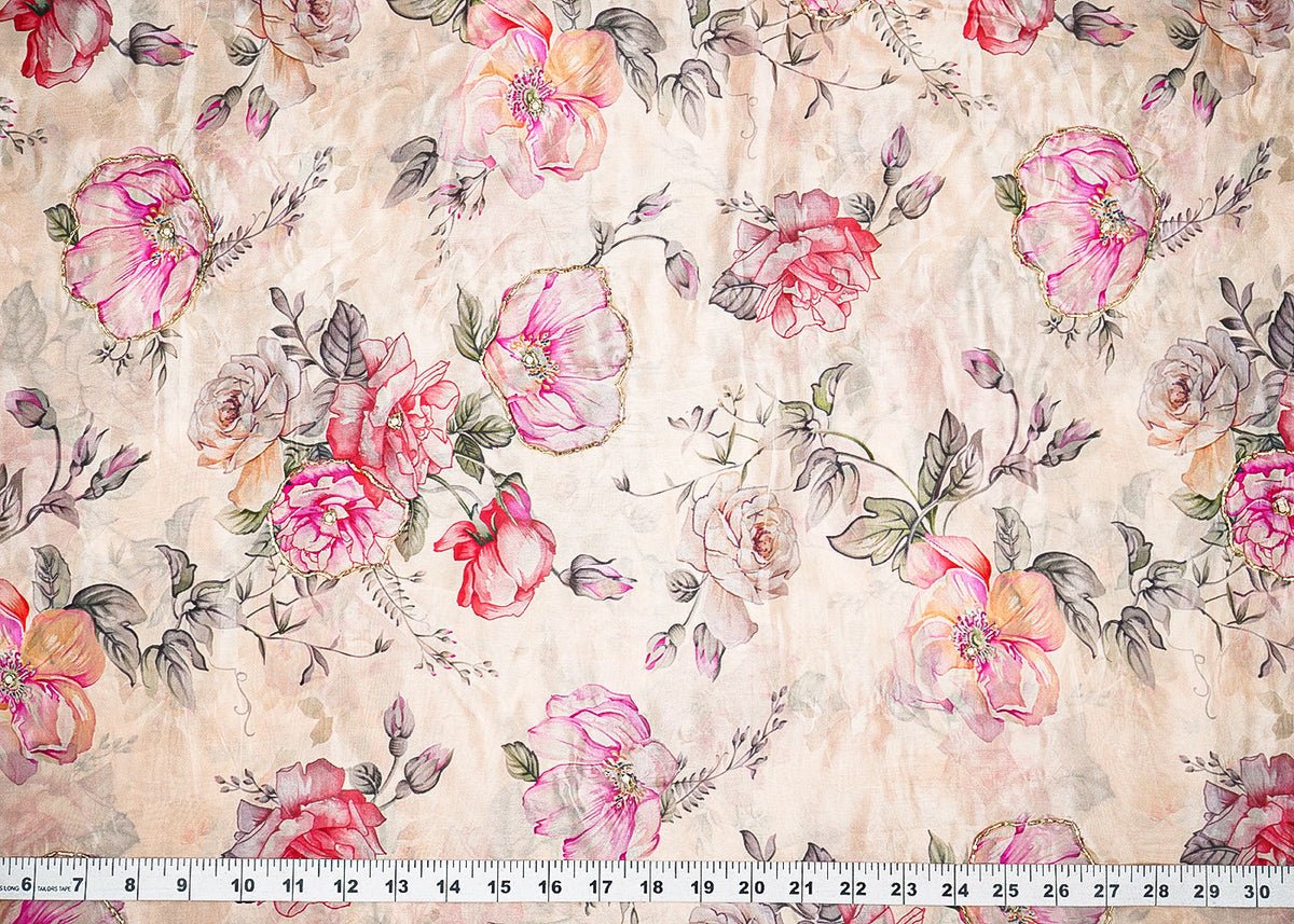 Tania Inspired Edition | Beige Embroidered Organza Unstitched Fabric 22615 - Design For Destiny