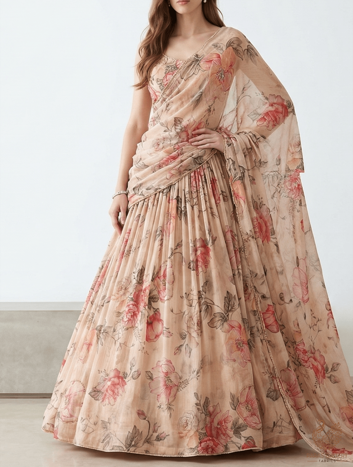 Tania Inspired Edition | Beige Embroidered Organza Unstitched Fabric 22615 - Design For Destiny