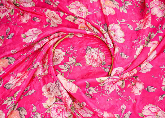 Pink Organza Fabric With All Over Floral Print, Bead And Katdana Work PG 22614 - Design For Destiny