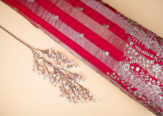 Rani Pink Organza Tissue Striped Fabric With Buti of Zari and Sequins with One Side Heavy Border Work PG 20903
