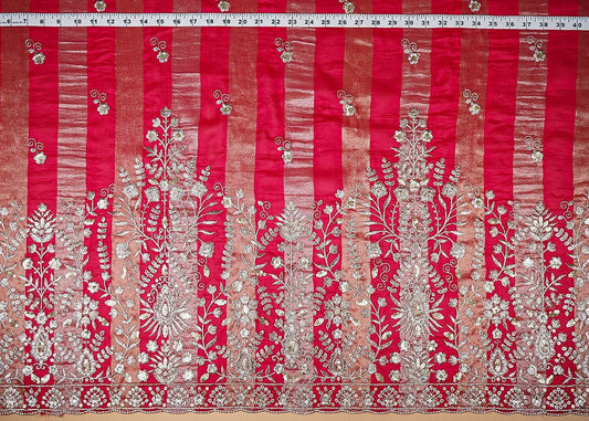 Rani Pink Organza Tissue Striped Fabric With Buti of Zari and Sequins with One Side Heavy Border Work PG 20903