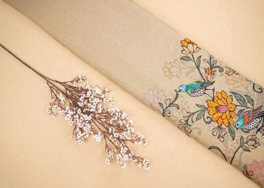 Beige Georgette Fabric with All Over Traditional Print and Katdana, Bead and Sequins Work PG 19678 - Design For Destiny