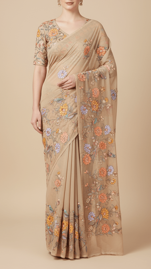Beige Georgette Fabric with All Over Traditional Print and Katdana, Bead and Sequins Work PG 19678 - Design For Destiny