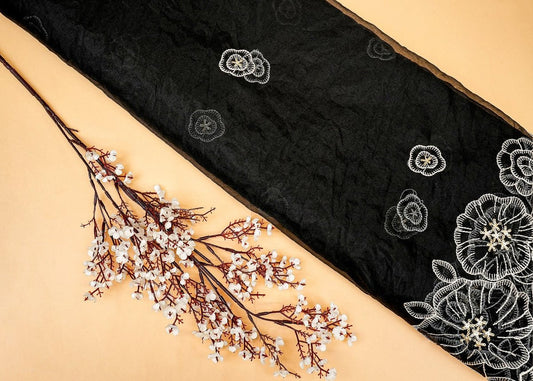 Midnight Elegance Black Organza Dupatta Fabric with White Floral and Gold Sparkle PG - Design For Destiny