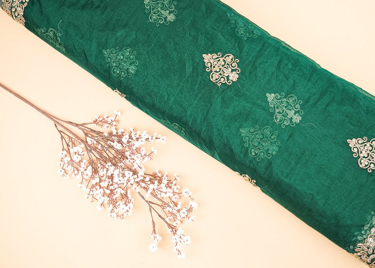 Bottle Green Organza Fabric With All Over Buti Of Golden Zari And Sequins With Two Side Border PG 20539 - Design For Destiny