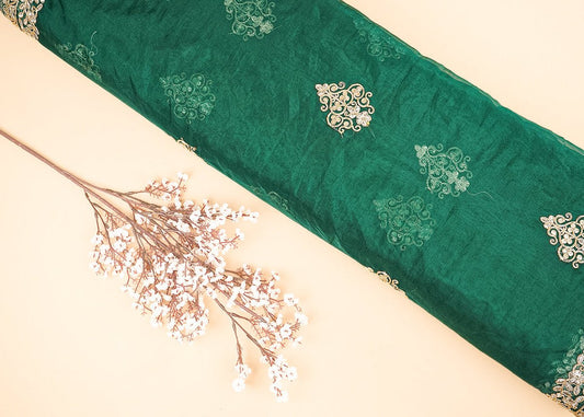 Bottle Green Organza Fabric With All Over Buti Of Golden Zari And Sequins With Two Side Border PG 20539 - Design For Destiny