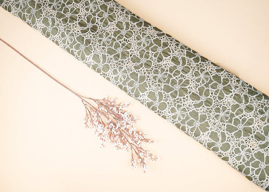 Olive Green Cotton Fabric With All Over Thread And Cutwork With Scalloped Edges PG 21887 - Design For Destiny