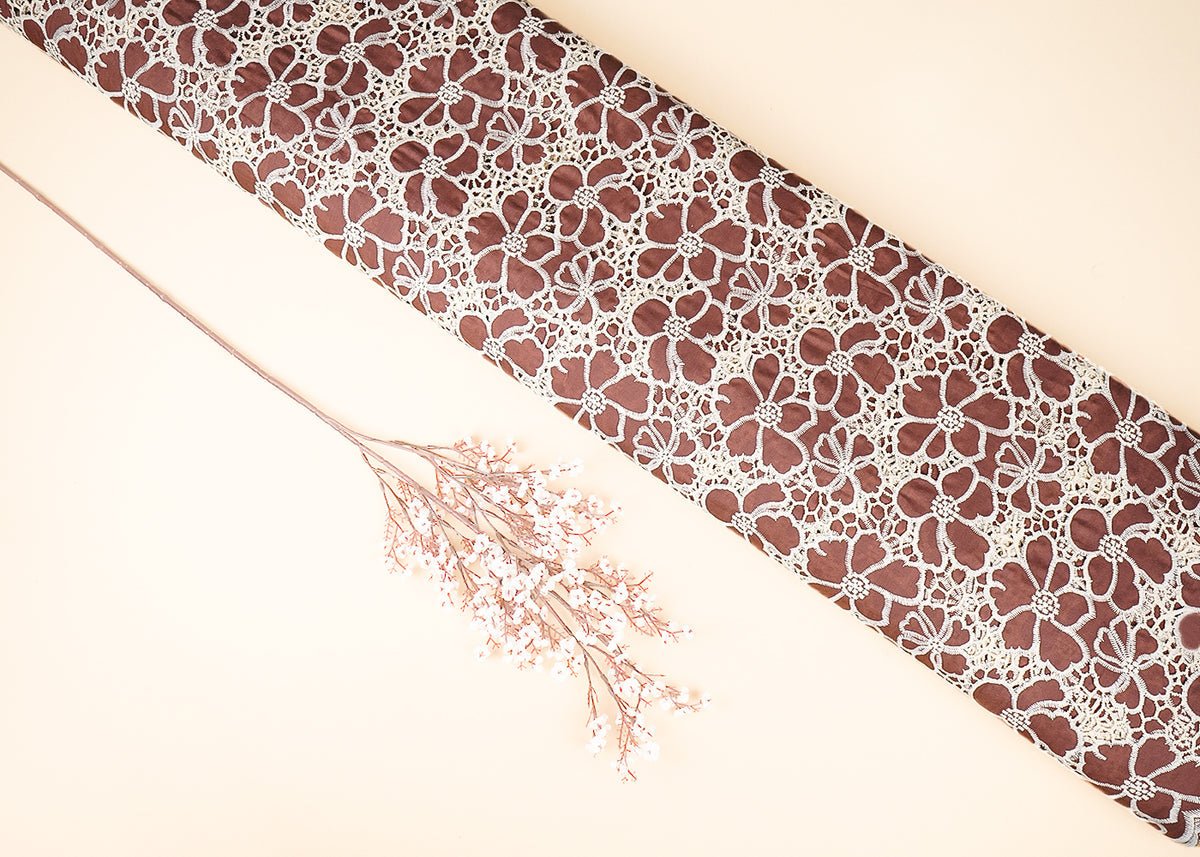 Brown Cotton Fabric With All Over Thread And Cutwork With Scalloped Edges PG21884 - Design For Destiny