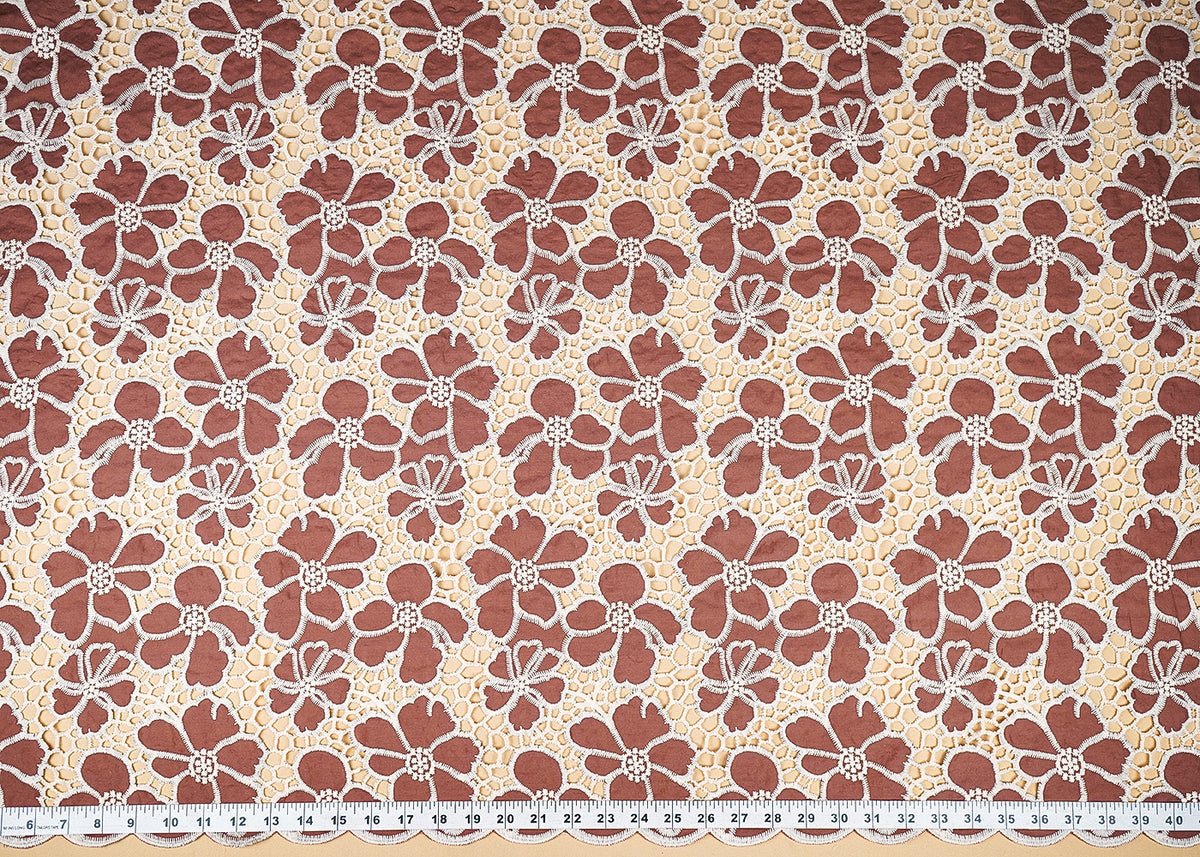 Brown Cotton Fabric With All Over Thread And Cutwork With Scalloped Edges PG21884 - Design For Destiny