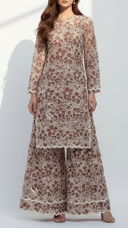 Brown Cotton Fabric With All Over Thread And Cutwork With Scalloped Edges PG21884 - Design For Destiny