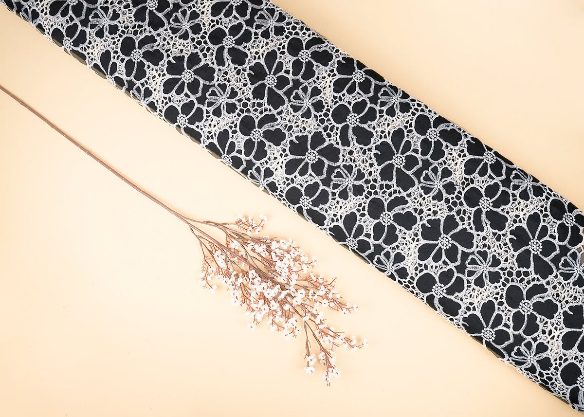 Black Cotton Fabric With All Over Thread And Cutwork With Scalloped Edges PG 21886 - Design For Destiny