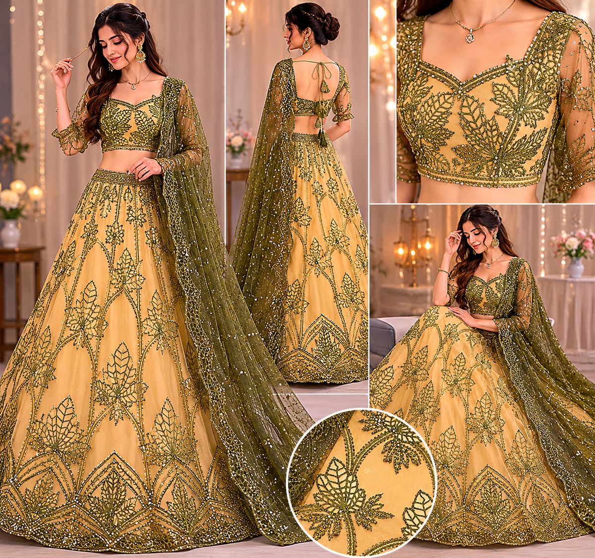 Mehandi Imported Net Fabric with Allover Cutwork, Sequins, Beads, Pearls & Thread PG-107 - Design For Destiny