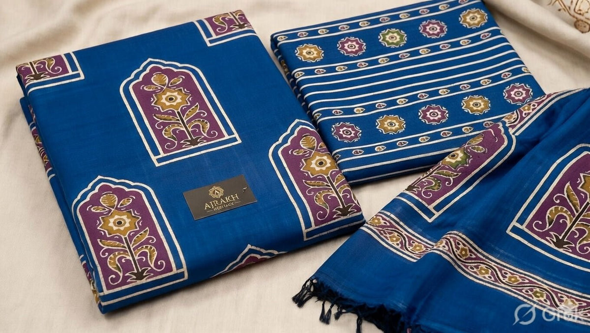 Blue Ajrakh Printed Mul Cotton 3PC Unstitched Suit | RA130 - Design For Destiny
