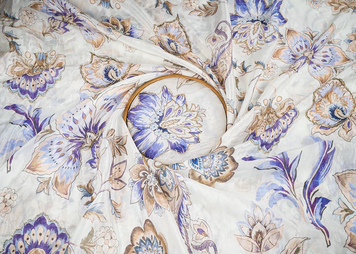 Tara Sutaria Inspired Edition Off White Embroidered Organza Unstitched Fabric PG-141 - Design For Destiny