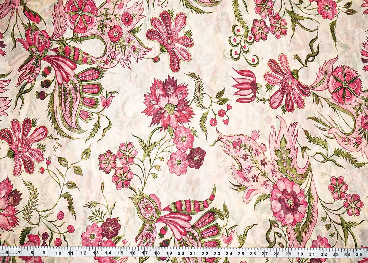 Cream Organza Fabric With All Over Floral Print, Bead And Katdana Work PG-140 - Design For Destiny