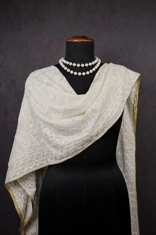 White Dyeable Georgette Dupatta With All Over Thread Work PG-114 - Design For Destiny