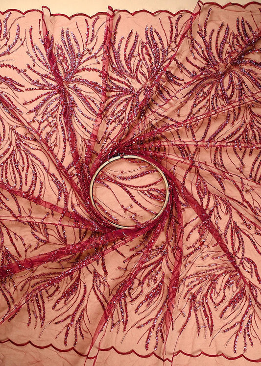 Maroon Imported Net Fabric With All Over Thread, Bead And Sequins Work PS-184 - Design For Destiny