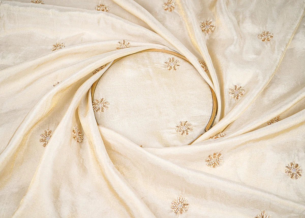 Golden Dyeable Tissue Fabric With All Over Buti Of Sequin, Katdana And Bead Work PS-179 - Design For Destiny