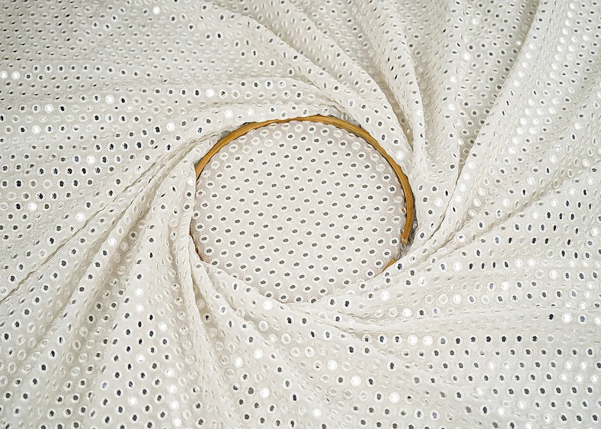 White Dyeable Georgette Fabric With All Over Faux Mirror And Thread Work PG-148 - Design For Destiny