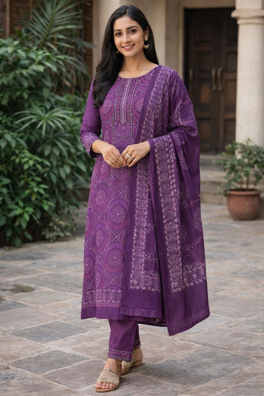 Purple Mul Cotton Bandhani 3PC Unstitched Suit Set | RA125 - Design For Destiny