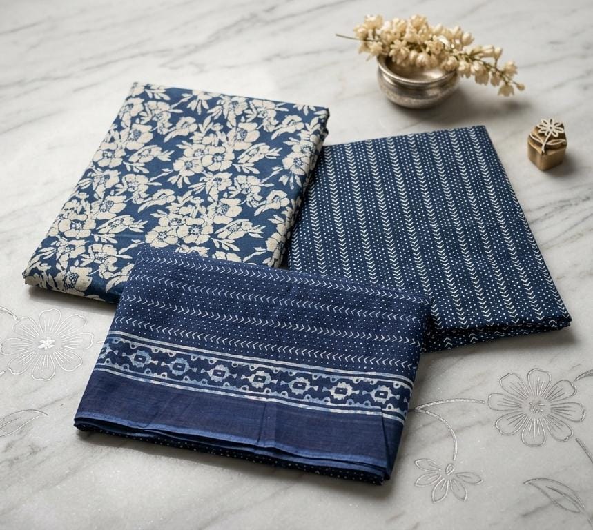 Indigo Blue & White Floral Printed 3PC Cotton Suit | RA127 - Design For Destiny