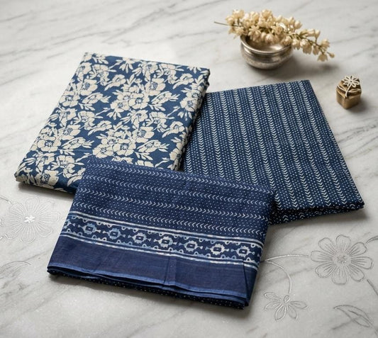 Indigo Blue & White Floral Printed 3PC Cotton Suit | RA127 - Design For Destiny