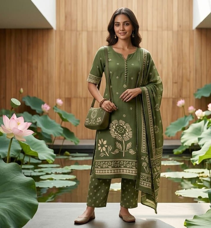 Green Floral Printed Mul Cotton 3PC Suit. - Design For Destiny