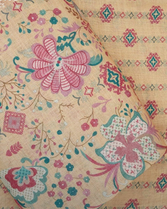 Yellow Floral & Abstract Print Cotton Linen Fabric TU 142 - Design For Destiny