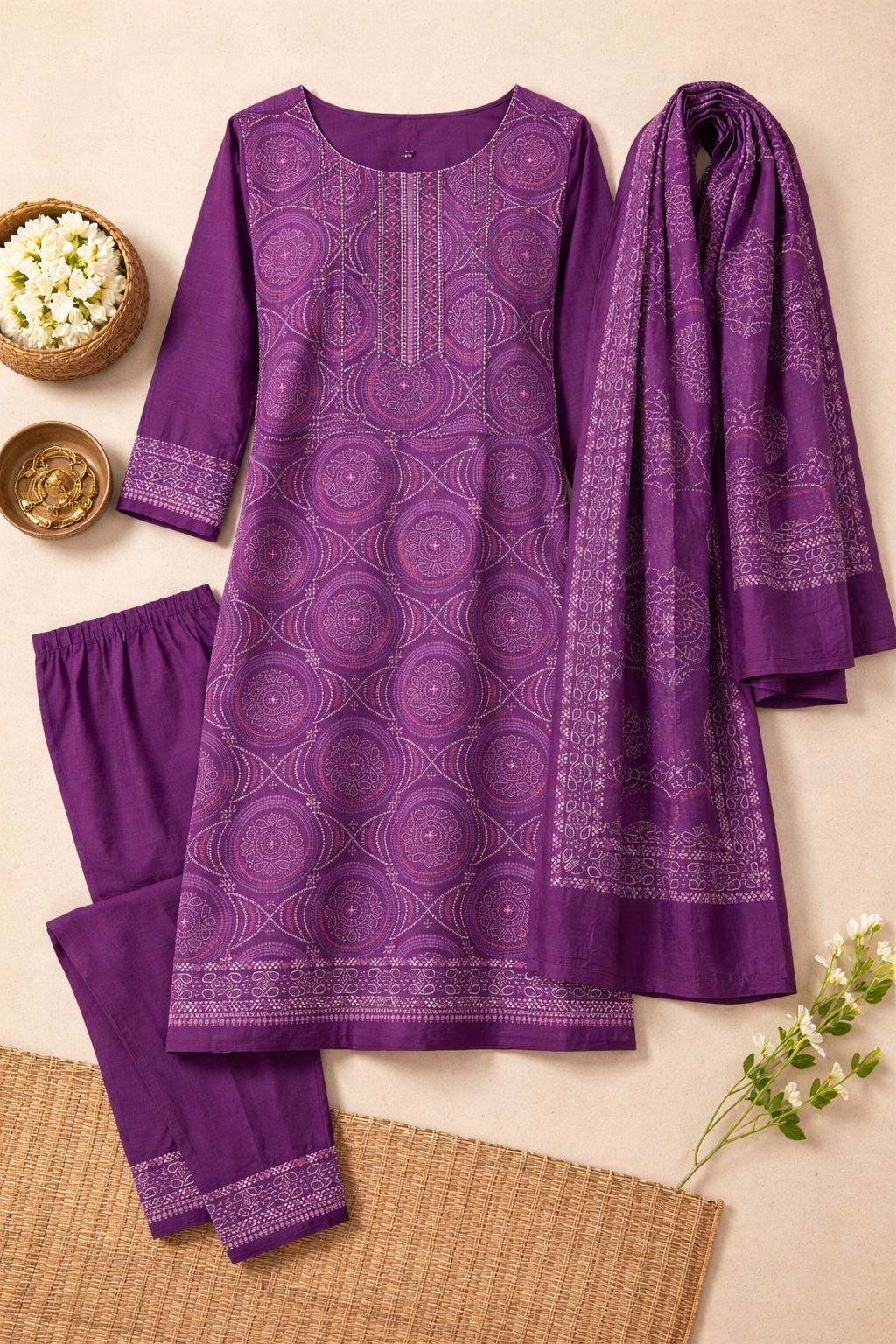 Purple Mul Cotton Bandhani 3PC Unstitched Suit Set | RA125 - Design For Destiny
