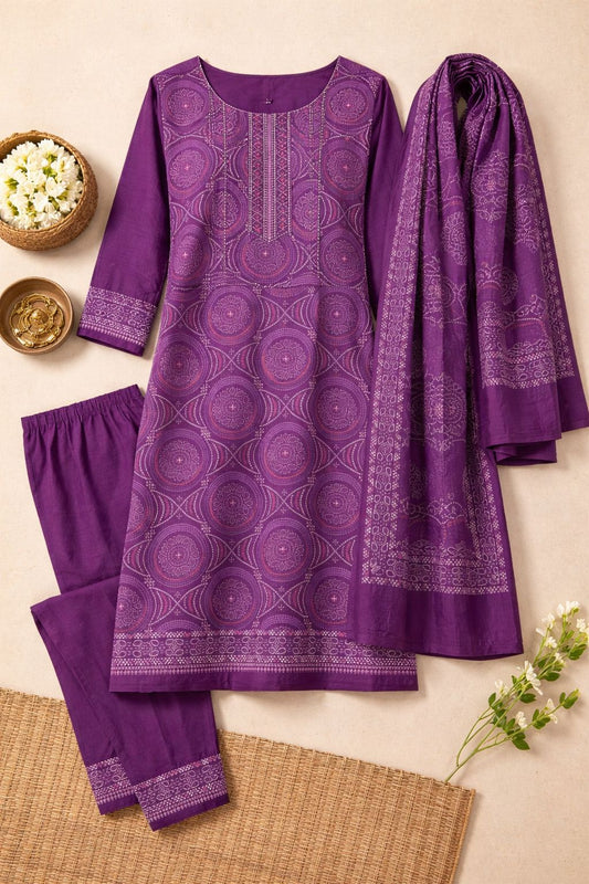 Purple Mul Cotton Bandhani 3PC Unstitched Suit Set | RA125 - Design For Destiny