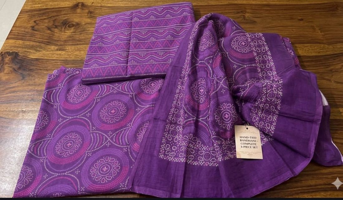 Purple Mul Cotton Bandhani 3PC Unstitched Suit Set | RA125 - Design For Destiny